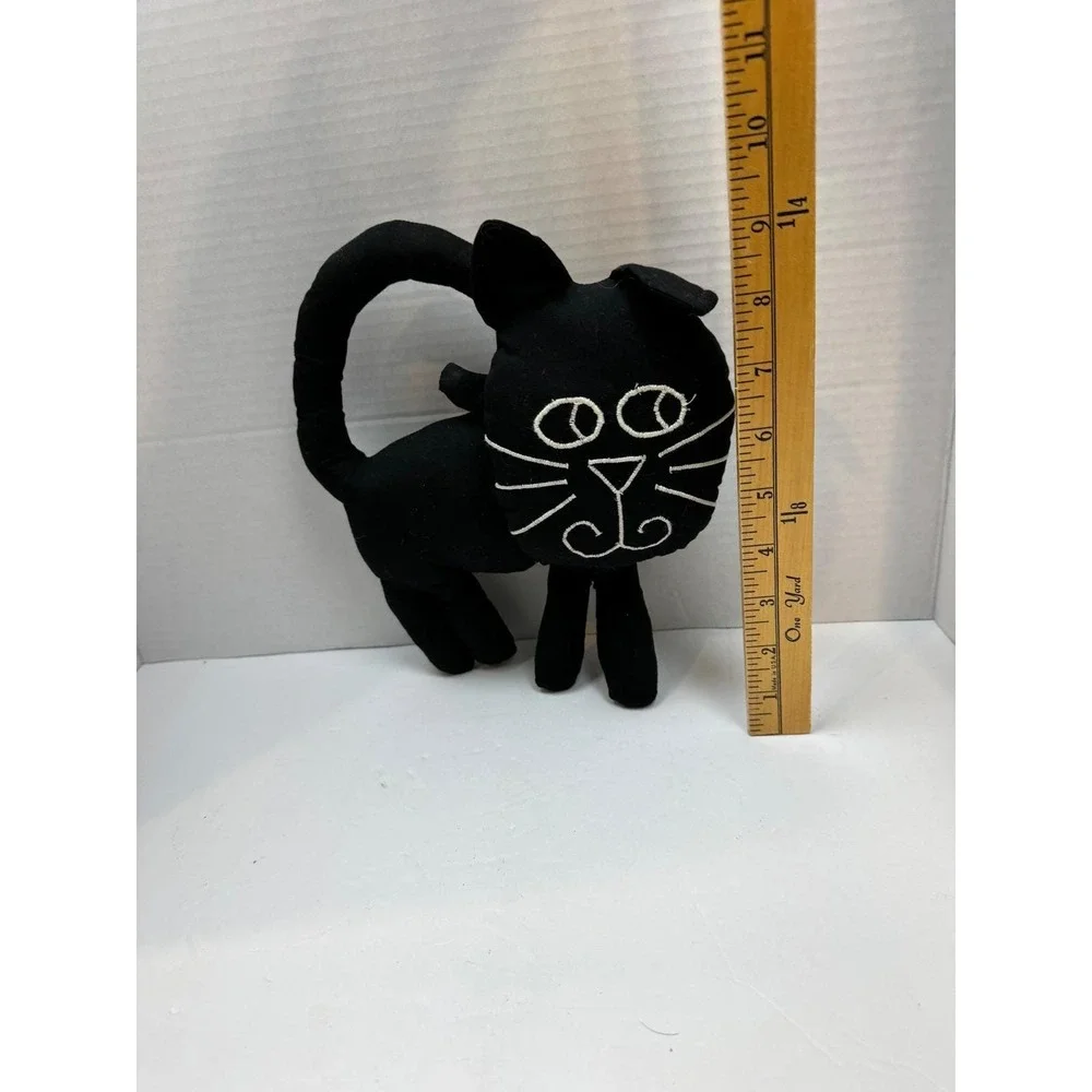 VTG Handmade Black Cloth Cat Plush Folk Art Stuffed Animal Embroidered Halloween